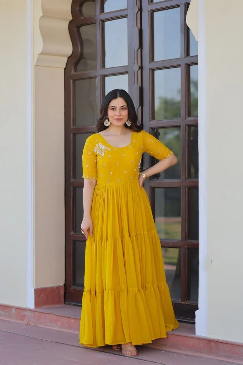 Elegant Yellow Embroidered Tiered Anarkali Gown with Flowy Flared Design